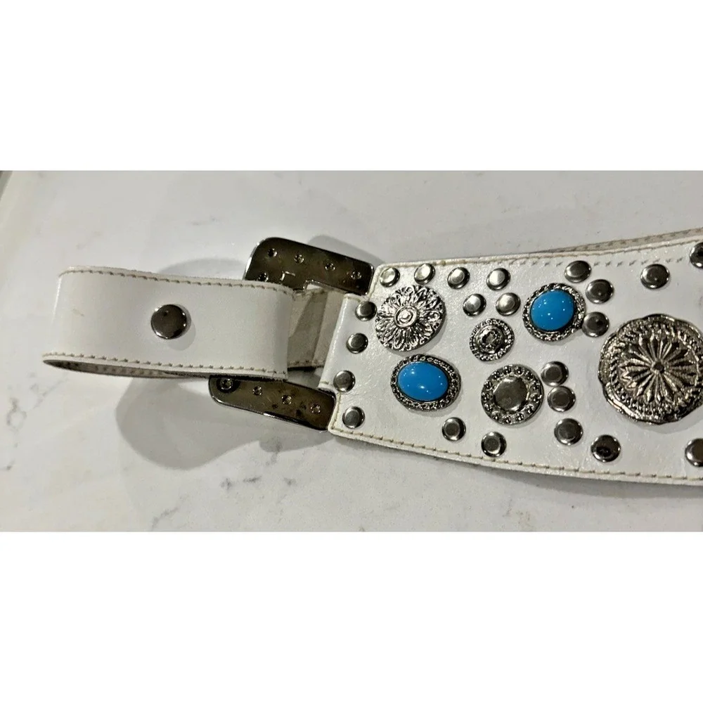 Rare Vintage White Leather Turquoise & Medallion Belt Womens OSFM Southwest